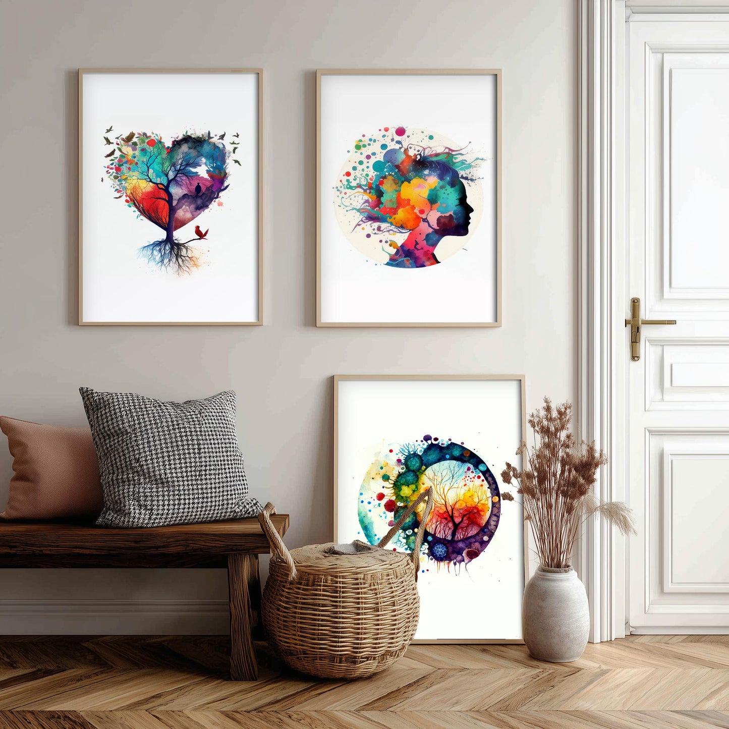 Colourful Mind Set of Three Art Prints - Heart Tree Woman Silhouette Microbiology Cells - Psychology Watercolour Poster