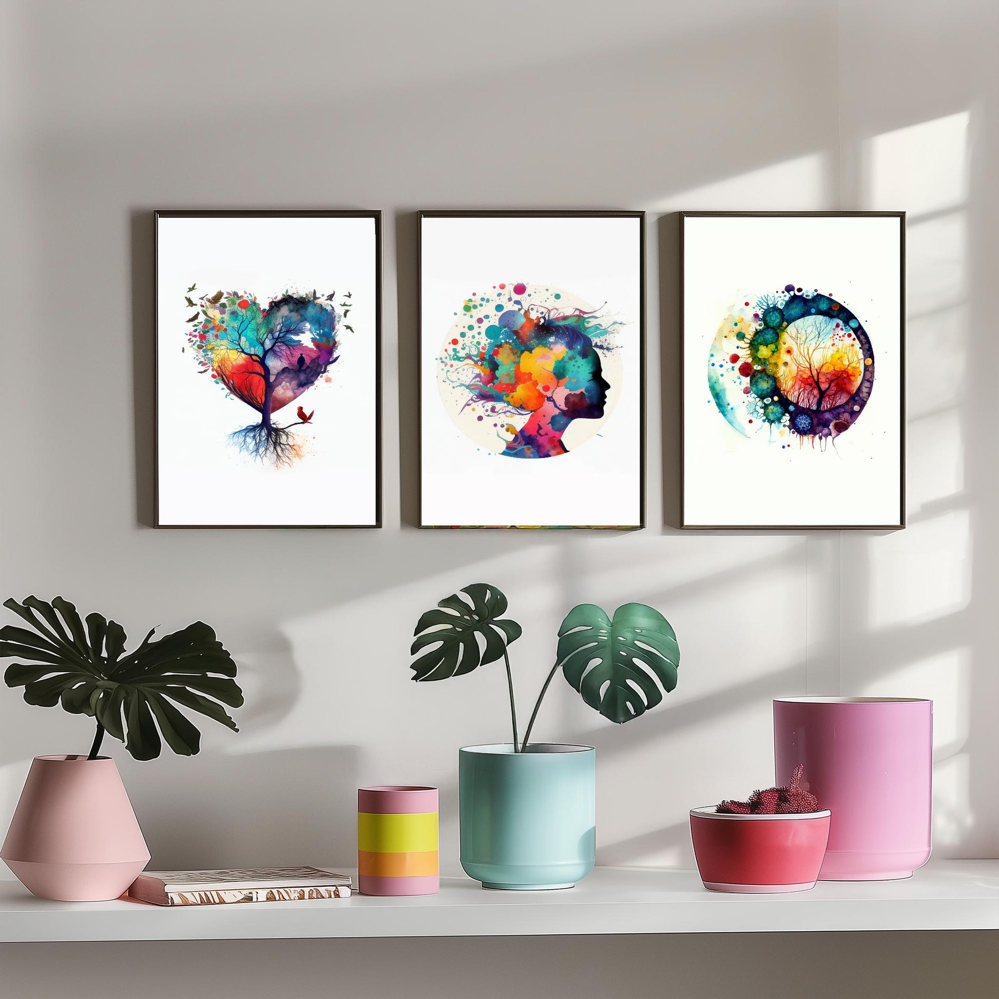 Colourful Mind Set of Three Art Prints - Heart Tree Woman Silhouette Microbiology Cells - Psychology Watercolour Poster