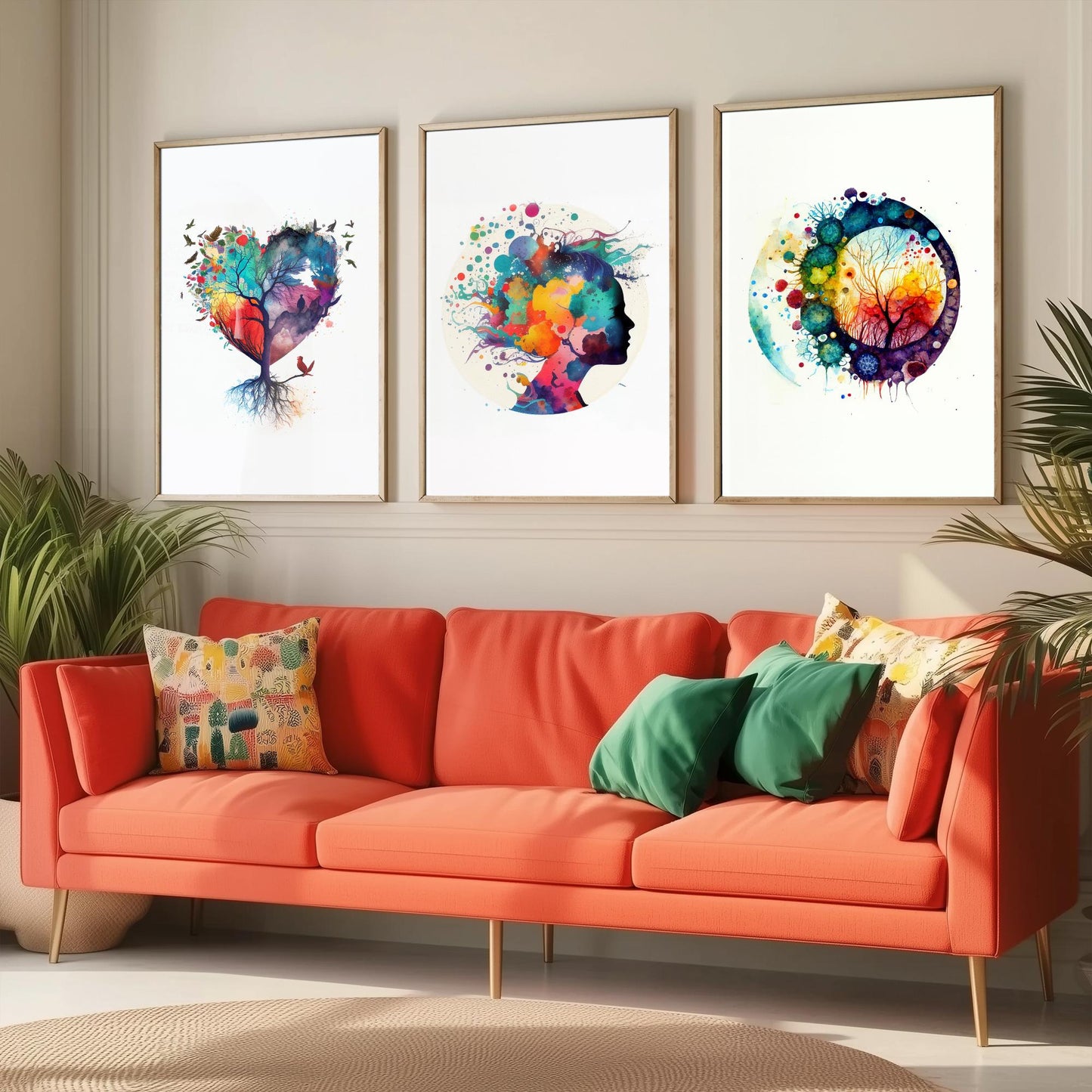 Colourful Mind Set of Three Art Prints - Heart Tree Woman Silhouette Microbiology Cells - Psychology Watercolour Poster