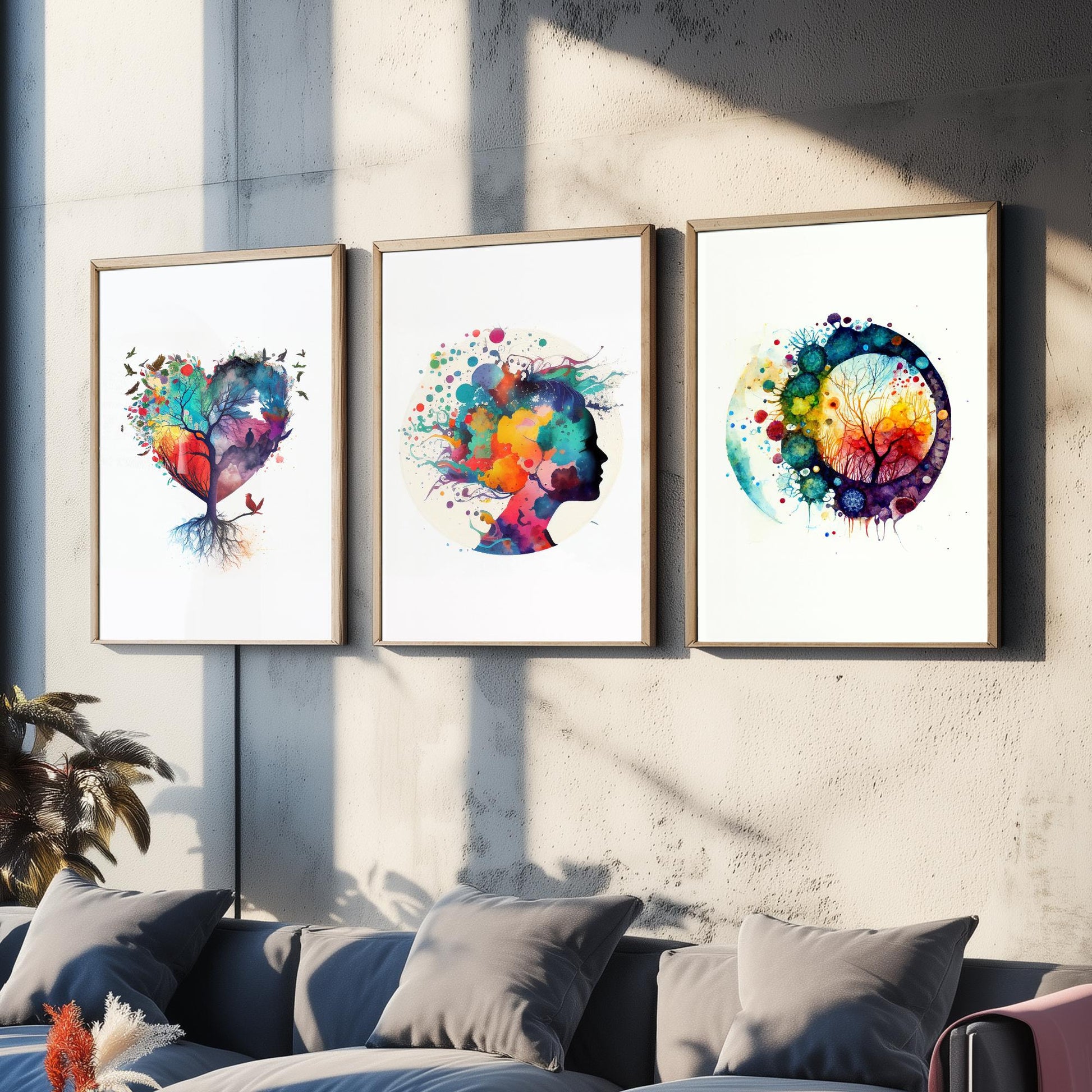Colourful Mind Set of Three Art Prints - Heart Tree Woman Silhouette Microbiology Cells - Psychology Watercolour Poster