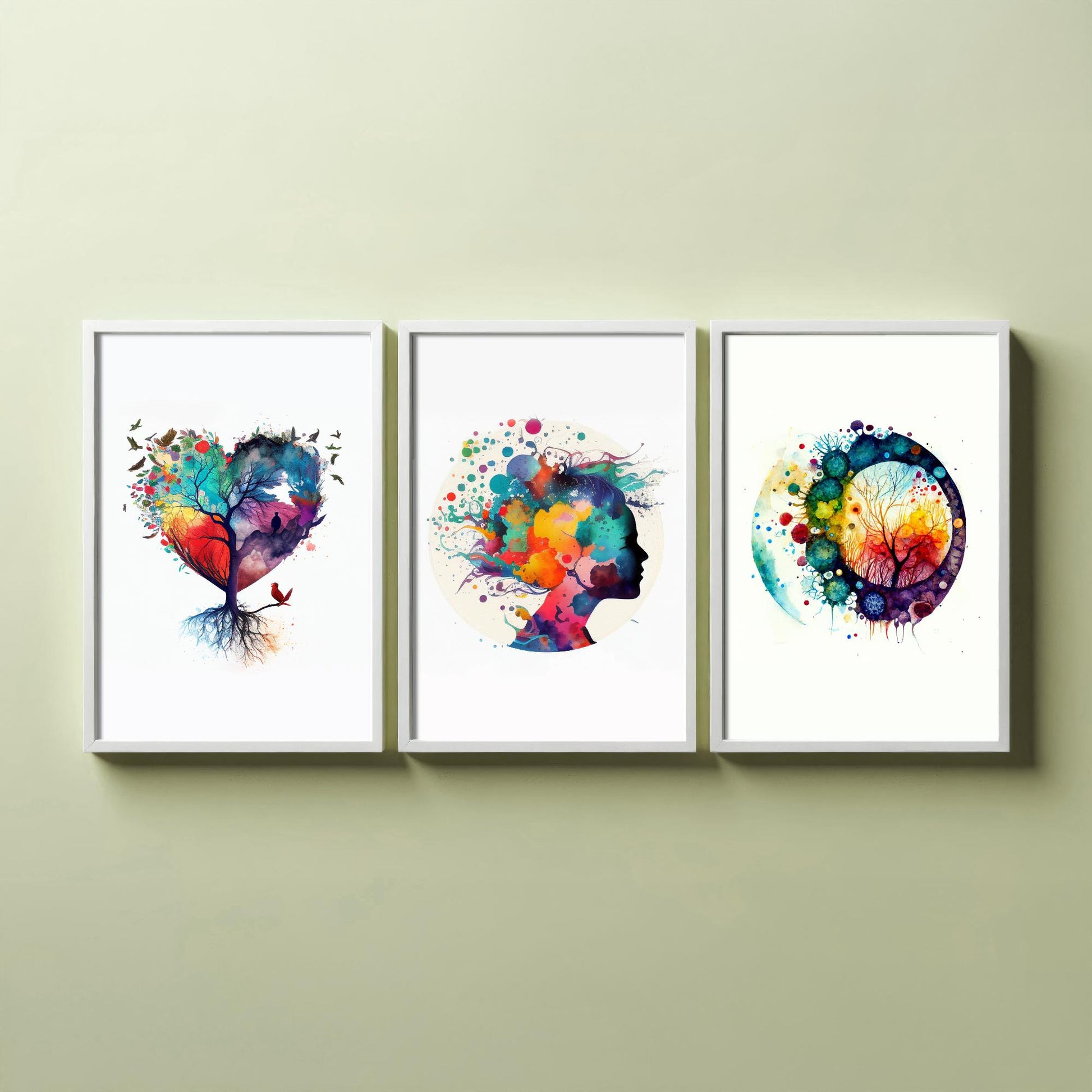 Colourful Mind Set of Three Art Prints - Heart Tree Woman Silhouette Microbiology Cells - Psychology Watercolour Poster