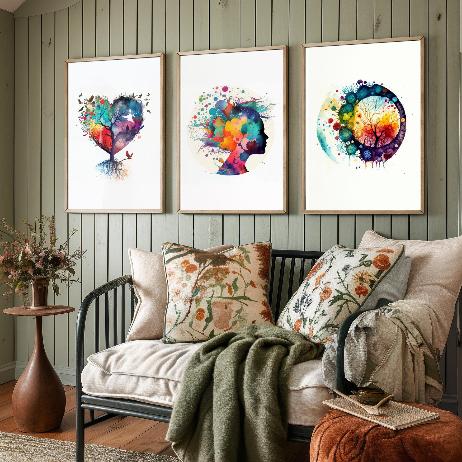 Colourful Mind Set of Three Art Prints - Heart Tree Woman Silhouette Microbiology Cells - Psychology Watercolour Poster