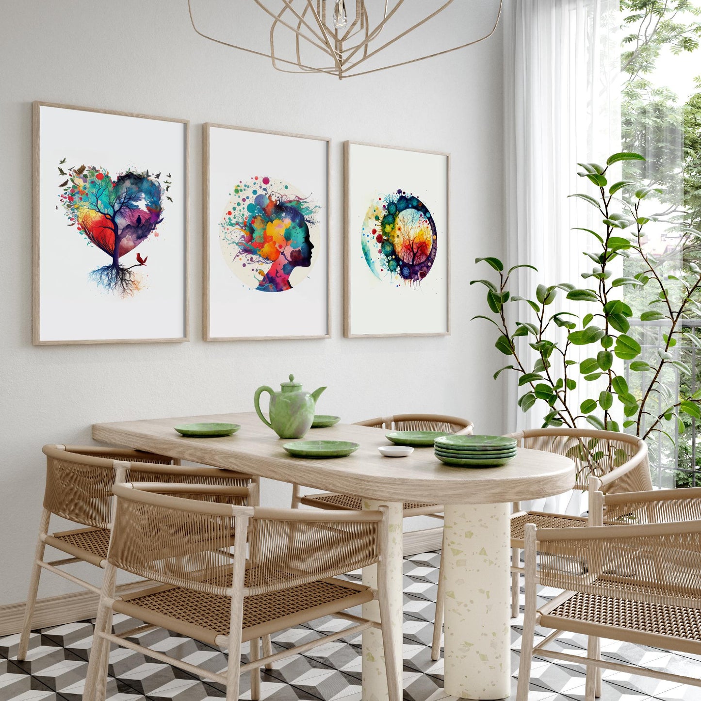 Colourful Mind Set of Three Art Prints - Heart Tree Woman Silhouette Microbiology Cells - Psychology Watercolour Poster