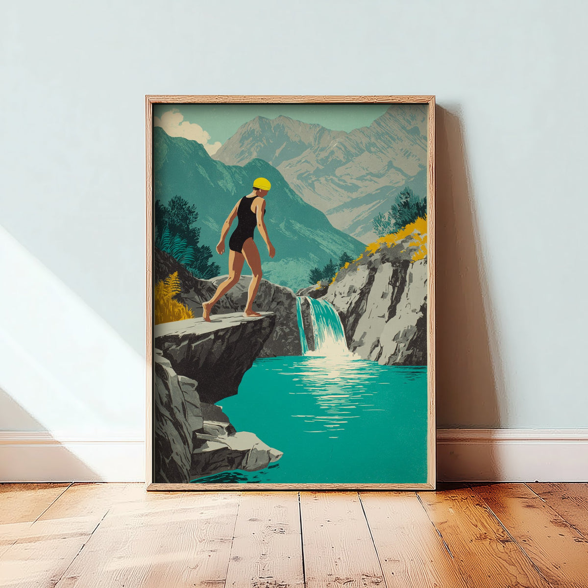 Watkin Path Pools Snowdonia Art Print - Wild Swimming Poster - Vintage Waterfall Illustration - Eryri Mountain Pool Swim