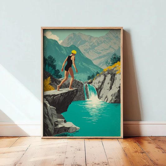 Watkin Path Pools Snowdonia Art Print - Wild Swimming Poster - Vintage Waterfall Illustration - Eryri Mountain Pool Swim