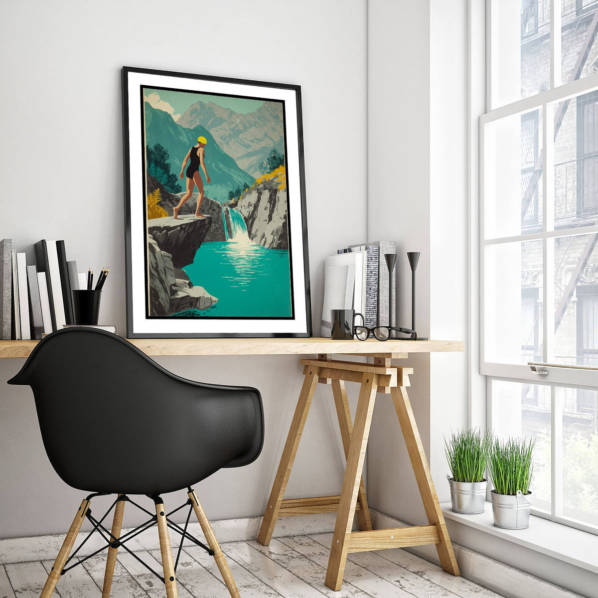 Watkin Path Pools Snowdonia Art Print - Wild Swimming Poster - Vintage Waterfall Illustration - Eryri Mountain Pool Swim