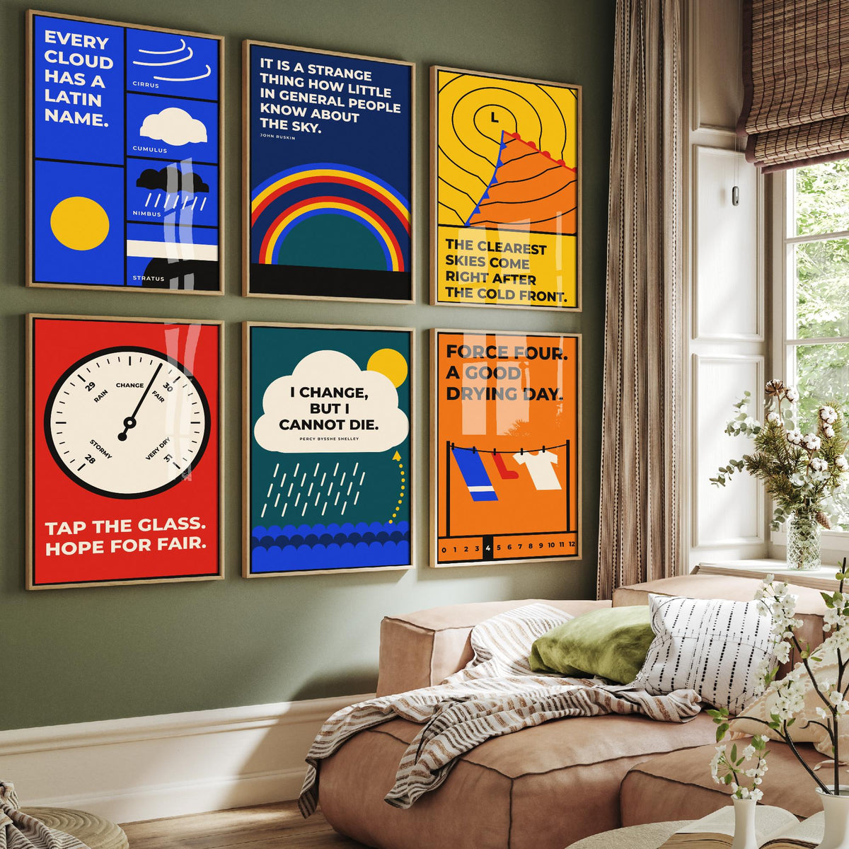 Set of Six Weather Quote Art Prints - 6 Bauhaus Meteorology Clouds Posters - Minimalist Science Illustration - Clouds, Barometer, Rainbow