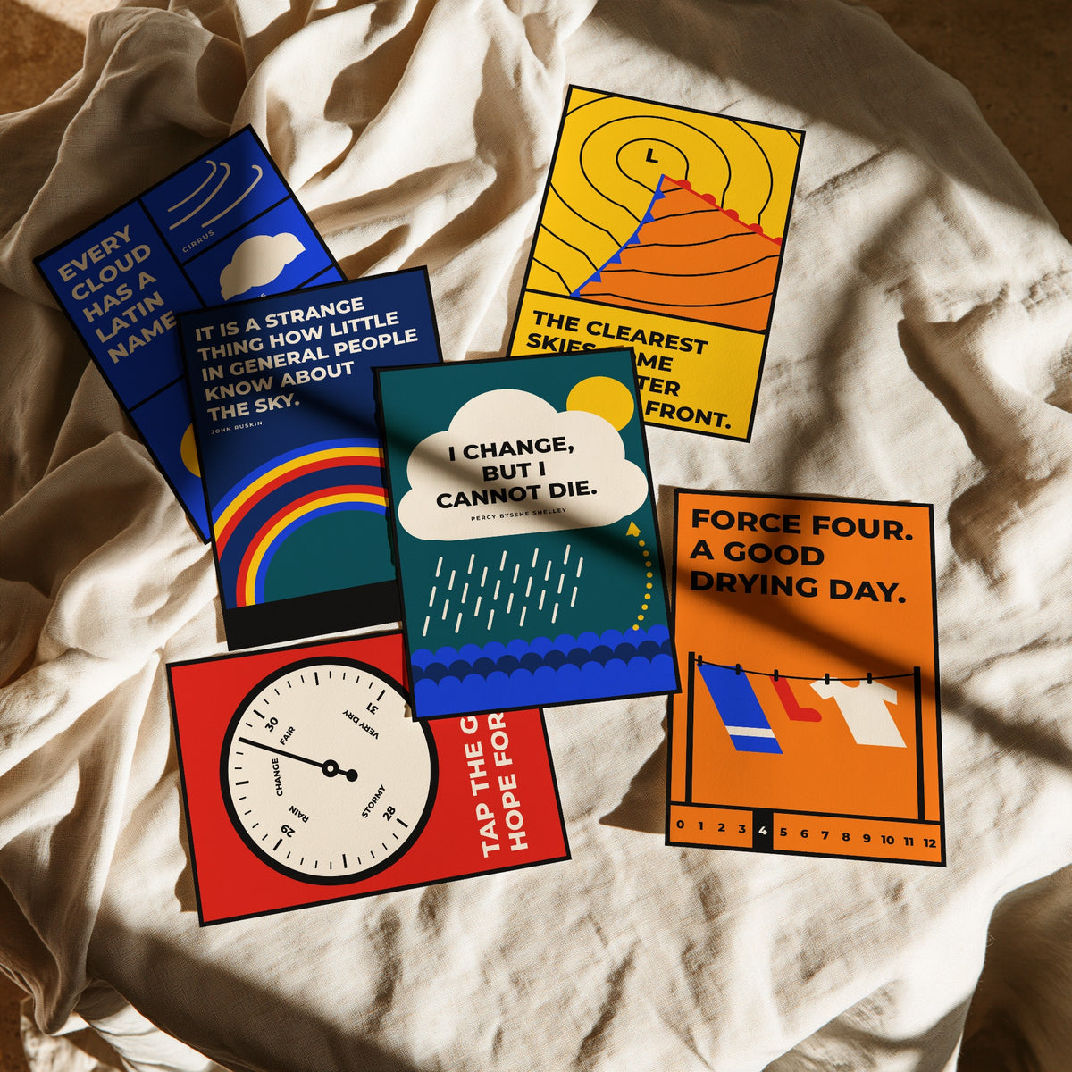 Set of Six Weather Quote Art Prints - 6 Bauhaus Meteorology Clouds Posters - Minimalist Science Illustration - Clouds, Barometer, Rainbow