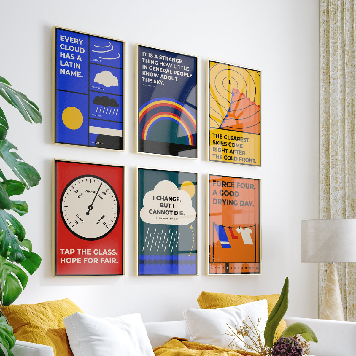 Set of Six Weather Quote Art Prints - 6 Bauhaus Meteorology Clouds Posters - Minimalist Science Illustration - Clouds, Barometer, Rainbow