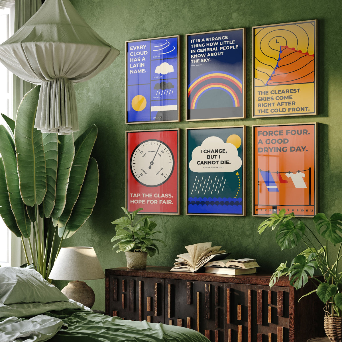 Set of Six Weather Quote Art Prints - 6 Bauhaus Meteorology Clouds Posters - Minimalist Science Illustration - Clouds, Barometer, Rainbow