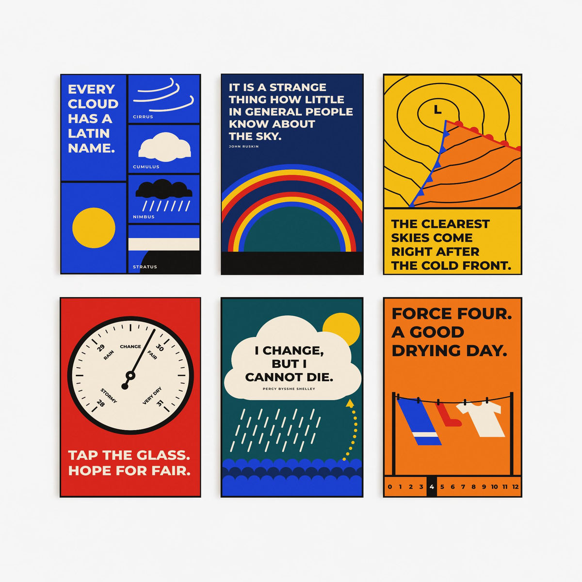 Set of Six Weather Quote Art Prints - 6 Bauhaus Meteorology Clouds Posters - Minimalist Science Illustration - Clouds, Barometer, Rainbow