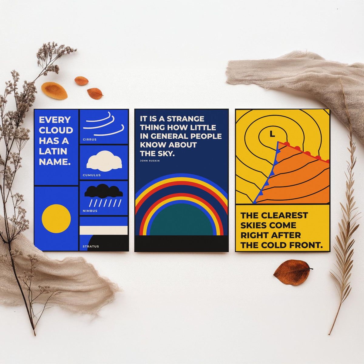 Weather Quotes Set of Three Art Prints - 3 Bauhaus Meteorology Clouds Posters - Minimalist Science Wall Art Illustration V1