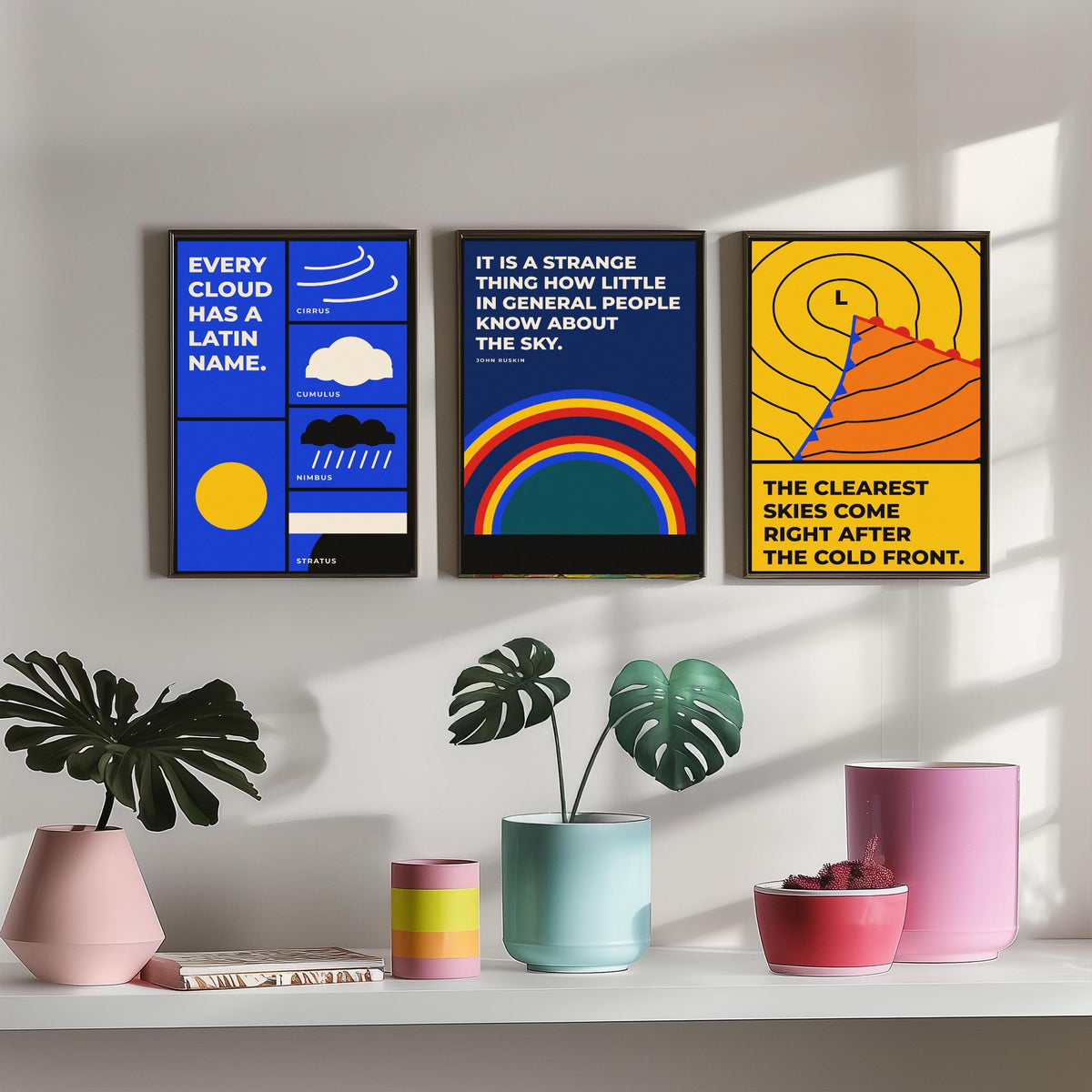 Weather Quotes Set of Three Art Prints - 3 Bauhaus Meteorology Clouds Posters - Minimalist Science Wall Art Illustration V1
