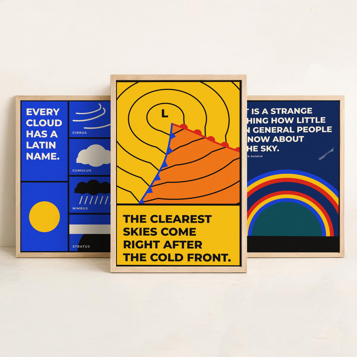 Weather Quotes Set of Three Art Prints - 3 Bauhaus Meteorology Clouds Posters - Minimalist Science Wall Art Illustration V1