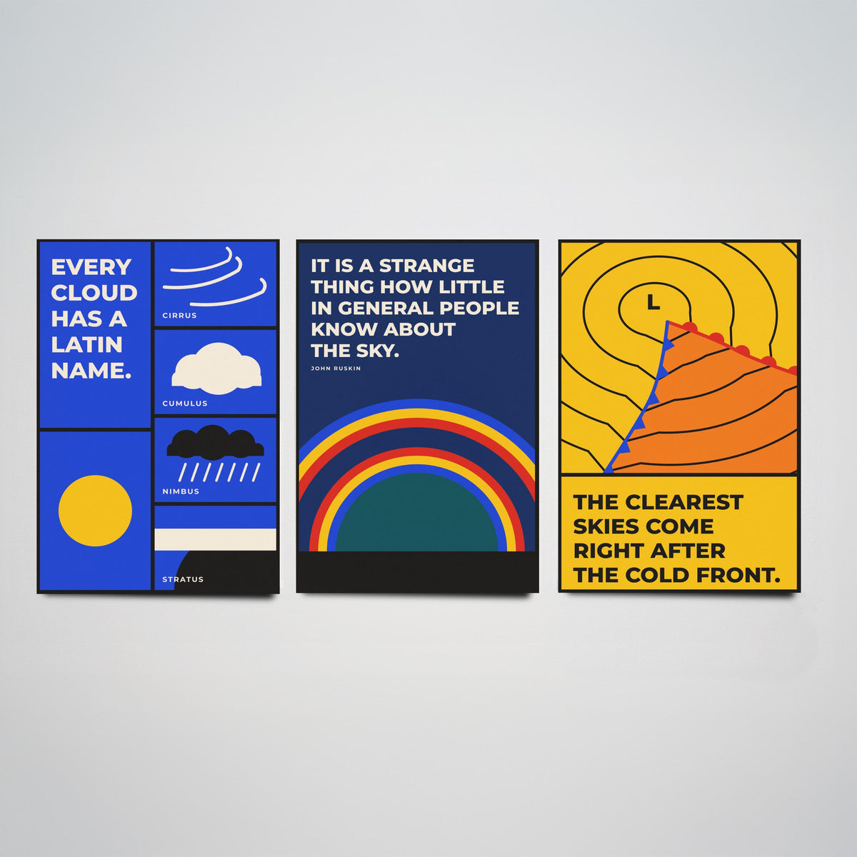 Weather Quotes Set of Three Art Prints - 3 Bauhaus Meteorology Clouds Posters - Minimalist Science Wall Art Illustration V1