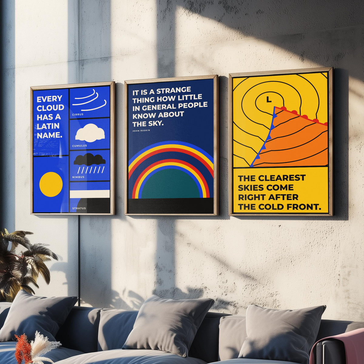 Weather Quotes Set of Three Art Prints - 3 Bauhaus Meteorology Clouds Posters - Minimalist Science Wall Art Illustration V1