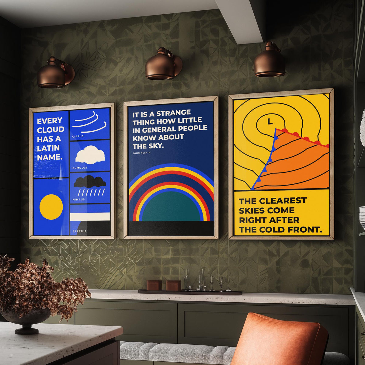 Weather Quotes Set of Three Art Prints - 3 Bauhaus Meteorology Clouds Posters - Minimalist Science Wall Art Illustration V1