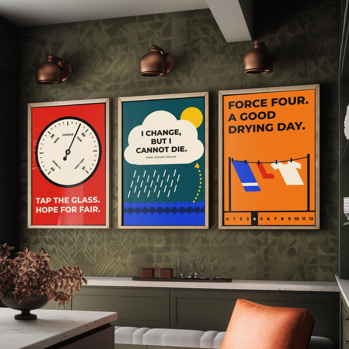 Weather Quotes Set of Three Art Prints - 3 Retro Bauhaus Meteorology Clouds Posters - Minimalist Science Wall Art Illustration V2