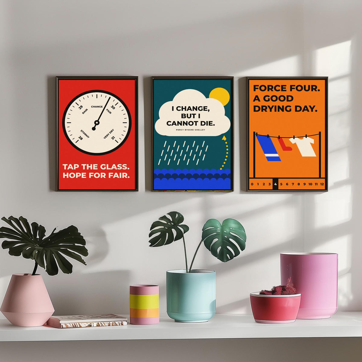 Weather Quotes Set of Three Art Prints - 3 Retro Bauhaus Meteorology Clouds Posters - Minimalist Science Wall Art Illustration V2