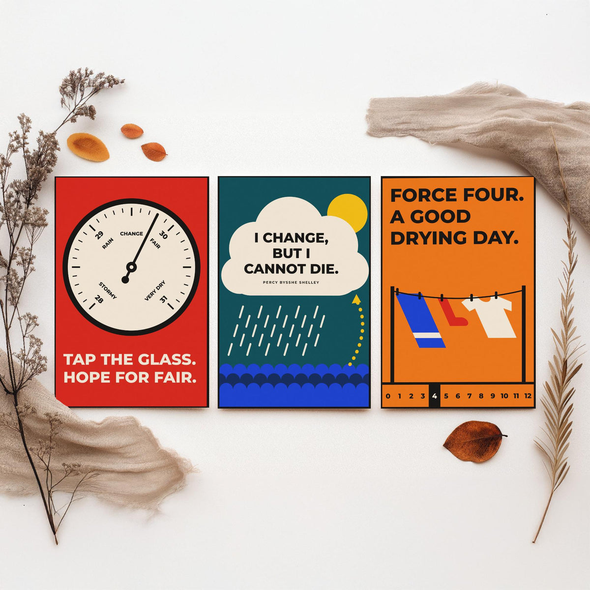 Weather Quotes Set of Three Art Prints - 3 Retro Bauhaus Meteorology Clouds Posters - Minimalist Science Wall Art Illustration V2