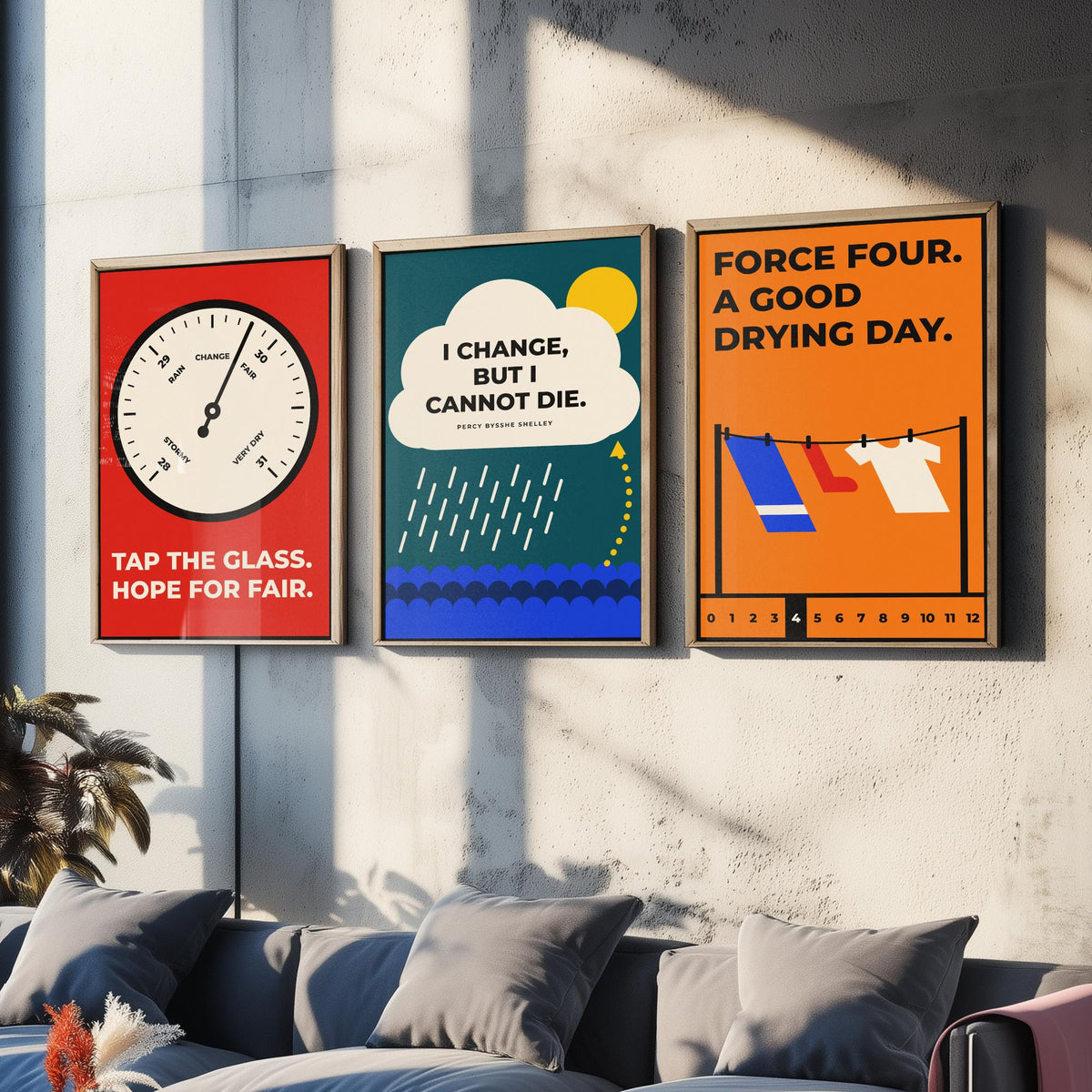 Weather Quotes Set of Three Art Prints - 3 Retro Bauhaus Meteorology Clouds Posters - Minimalist Science Wall Art Illustration V2