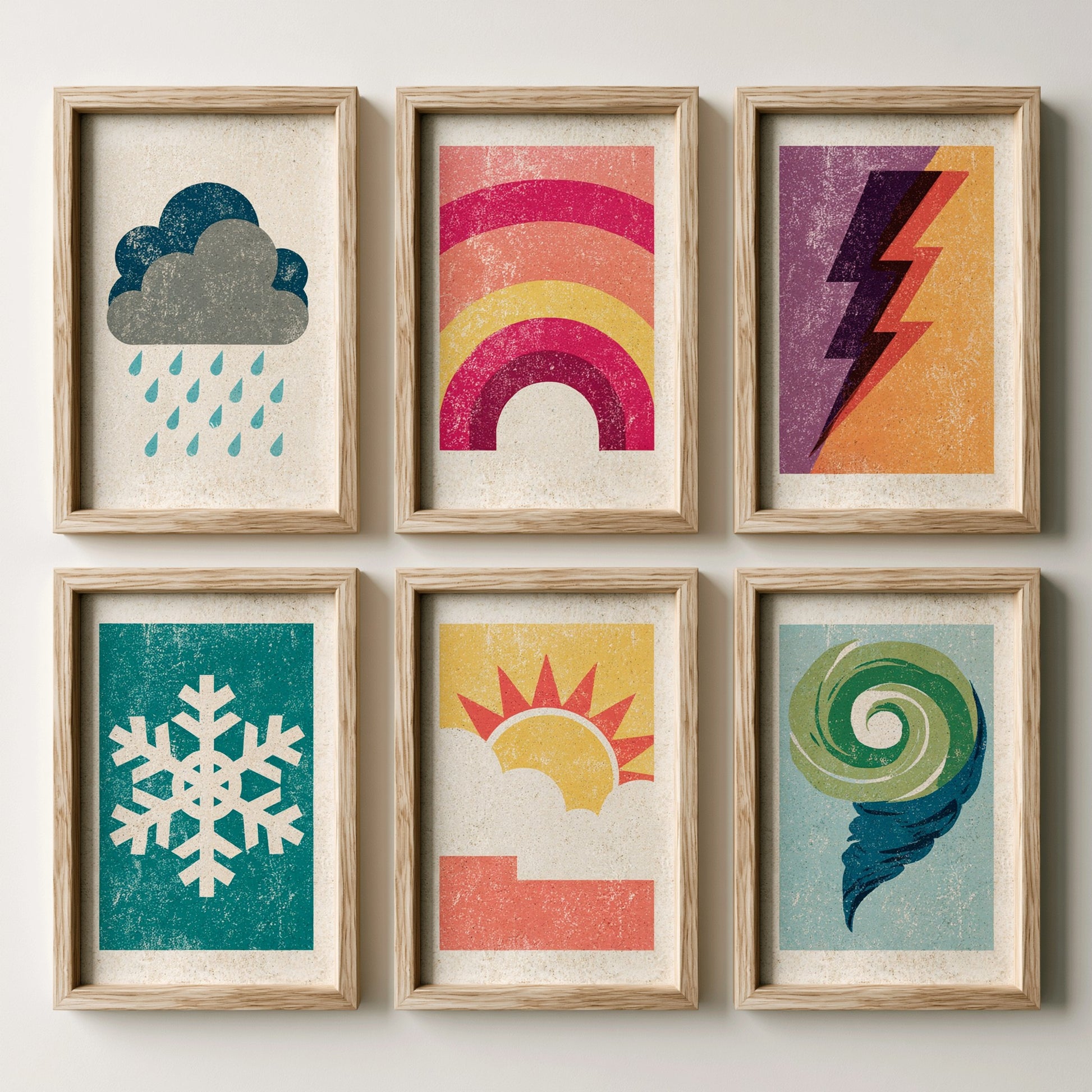 Set of Six Retro Weather Art Prints - 6 Mid-Century Nursery Illustrations - Rain Cloud, Rainbow, Lightning, Snowflake, Sun, Wind - Poster