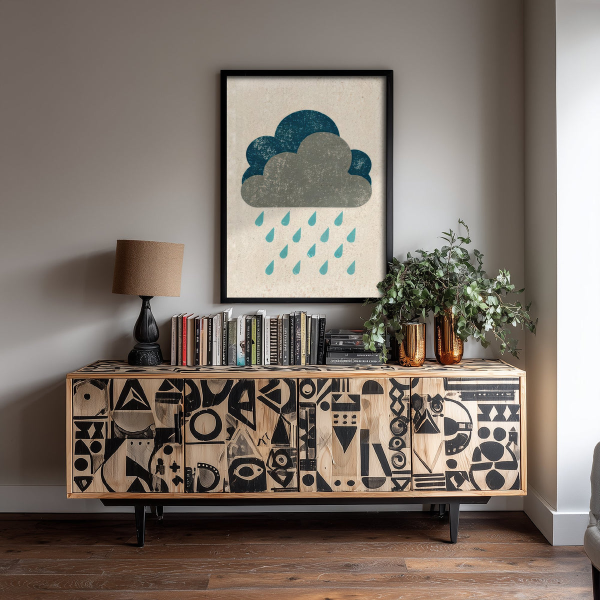 Rain Cloud Art Print - Rainy Day Weather Poster - Minimalist Linocut Style Woodcut V1 1/3