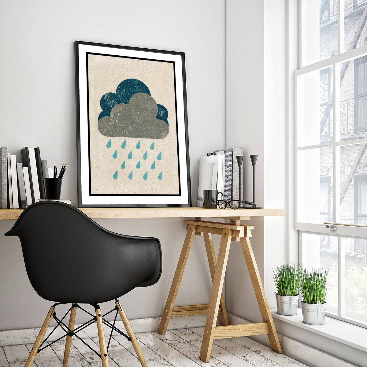 Rain Cloud Art Print - Rainy Day Weather Poster - Minimalist Linocut Style Woodcut V1 1/3