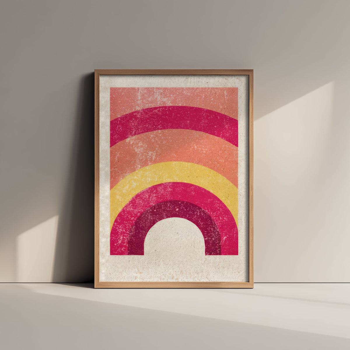 Rainbow Art Print - Magenta Coral and Yellow Arch Poster - Retro Minimalist Linocut Woodcut V1 2/3