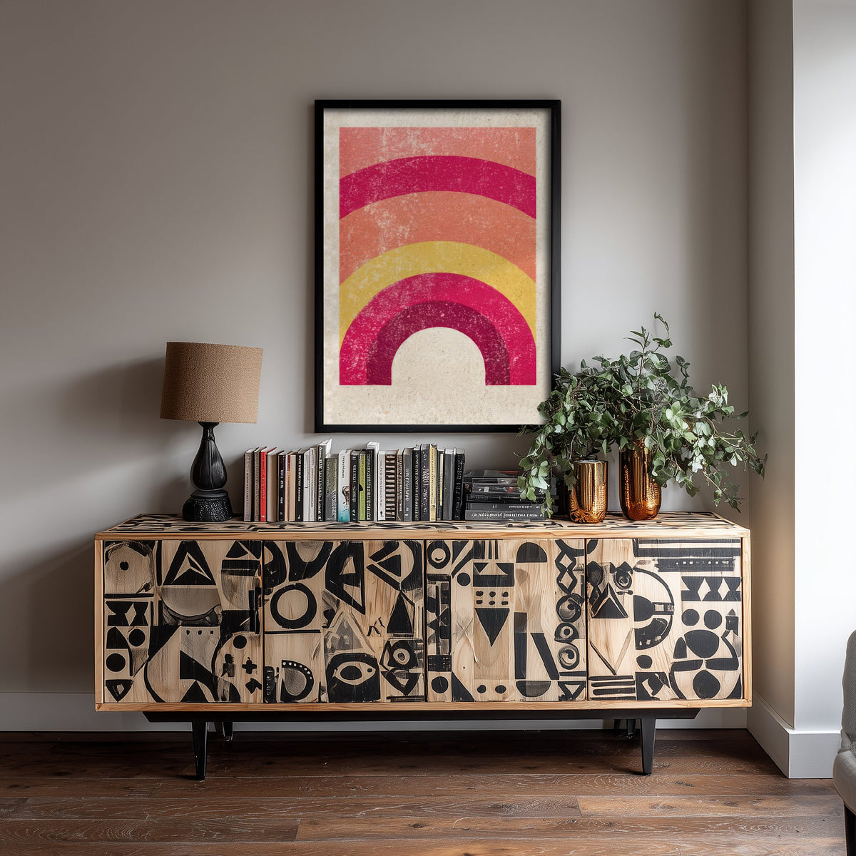 Rainbow Art Print - Magenta Coral and Yellow Arch Poster - Retro Minimalist Linocut Woodcut V1 2/3
