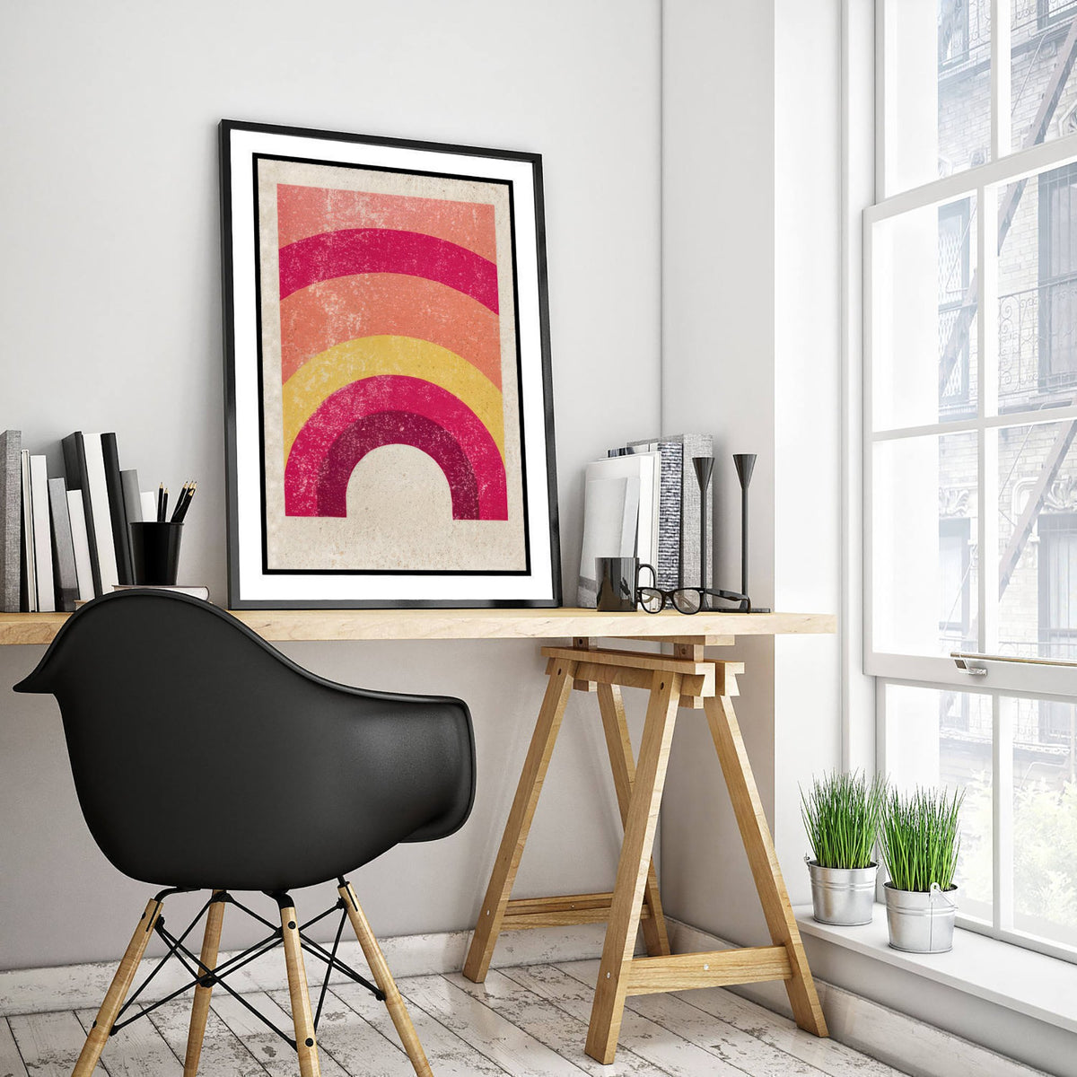 Rainbow Art Print - Magenta Coral and Yellow Arch Poster - Retro Minimalist Linocut Woodcut V1 2/3