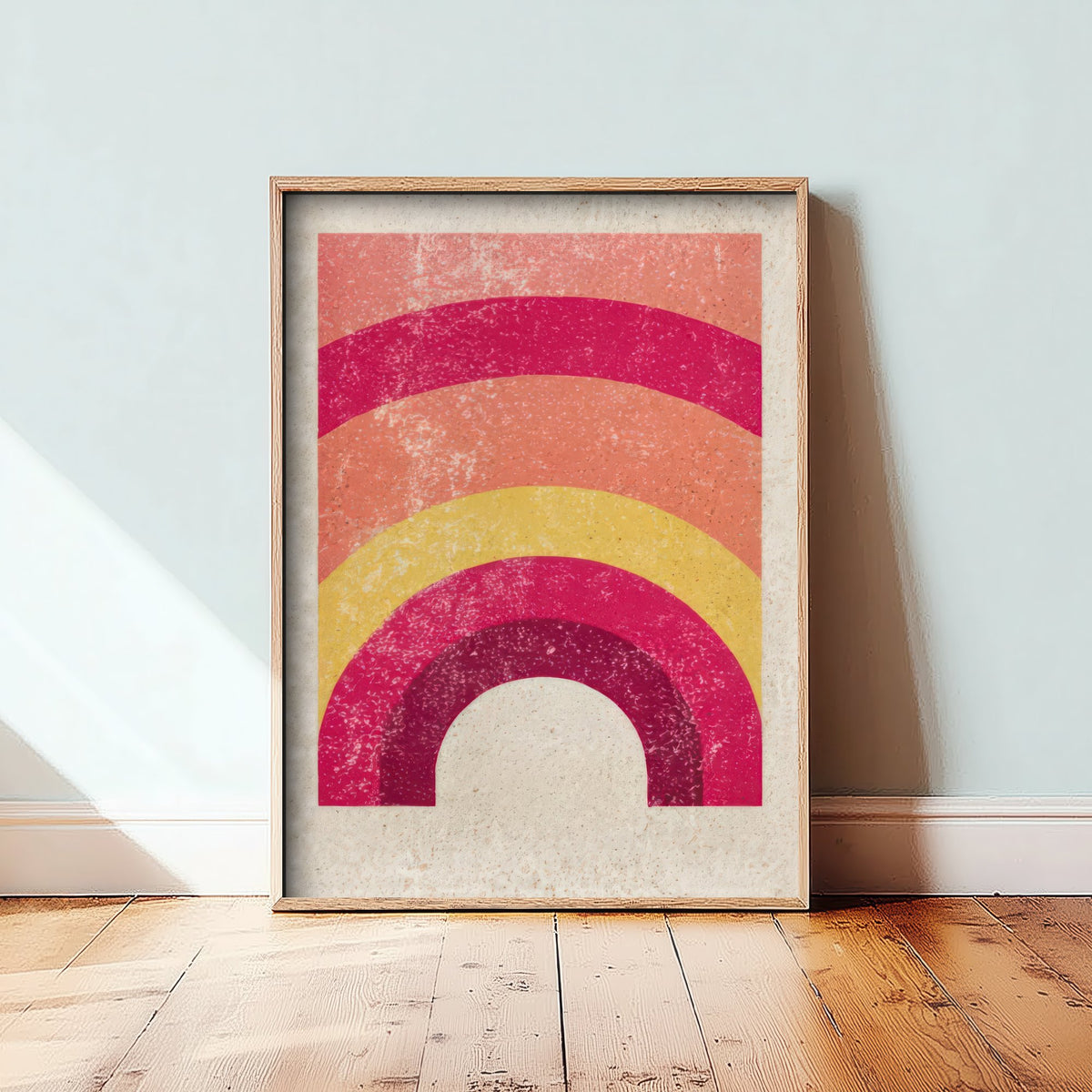 Rainbow Art Print - Magenta Coral and Yellow Arch Poster - Retro Minimalist Linocut Woodcut V1 2/3