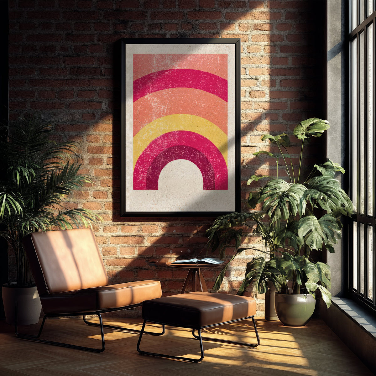Rainbow Art Print - Magenta Coral and Yellow Arch Poster - Retro Minimalist Linocut Woodcut V1 2/3