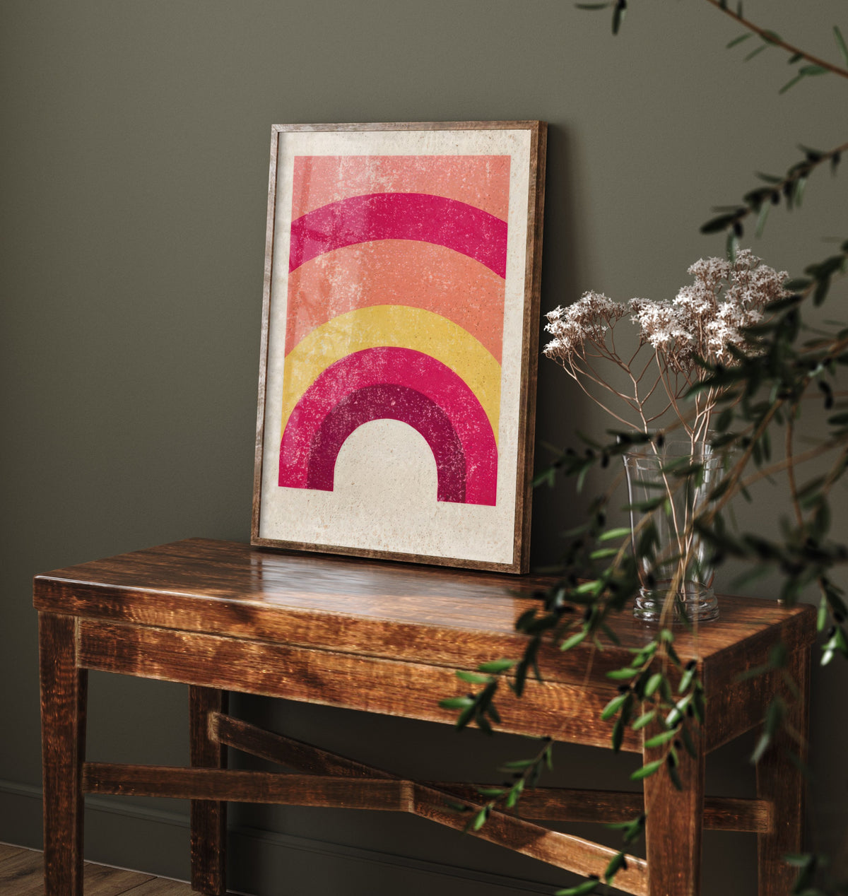 Rainbow Art Print - Magenta Coral and Yellow Arch Poster - Retro Minimalist Linocut Woodcut V1 2/3