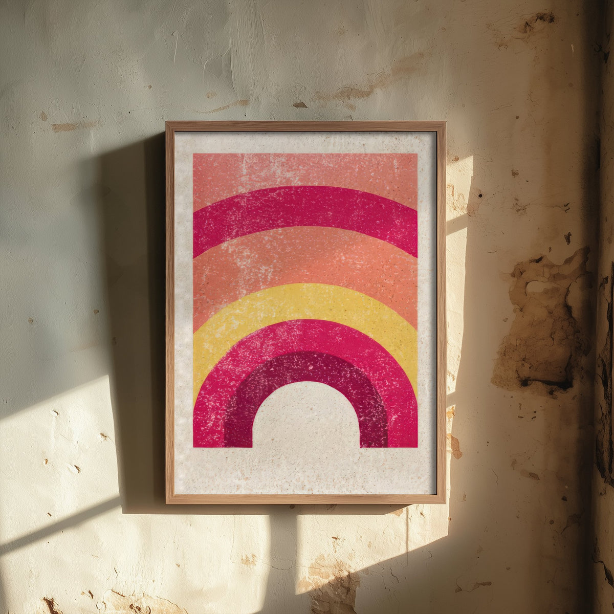 Rainbow Art Print - Magenta Coral and Yellow Arch Poster - Retro Minimalist Linocut Woodcut V1 2/3