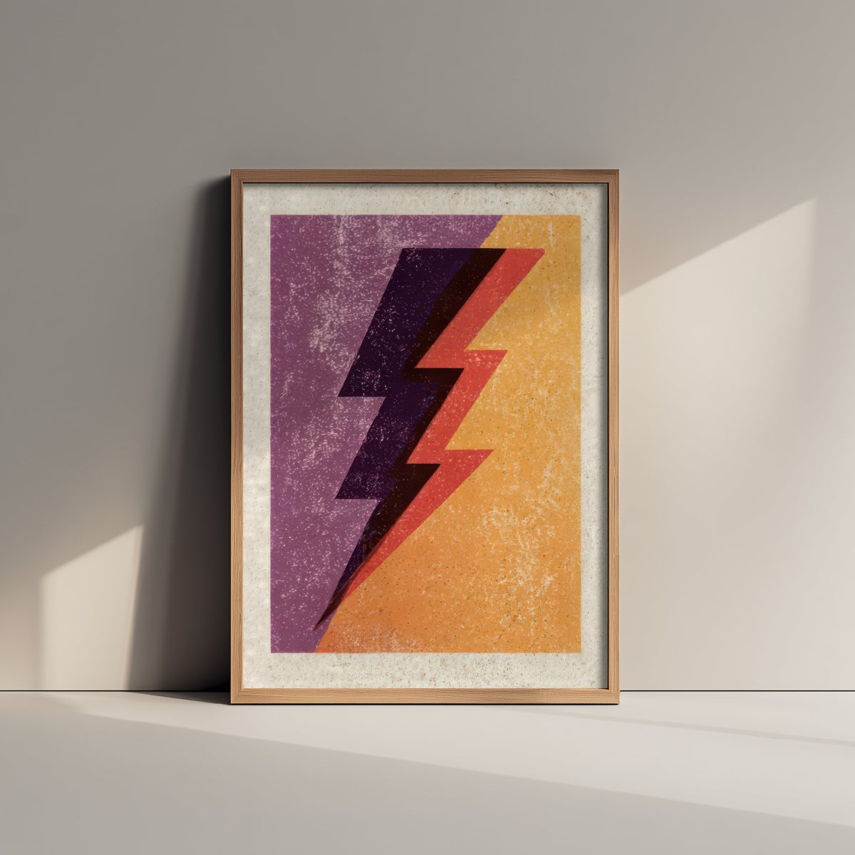 Lightning Bolt Art Print - Purple and Orange Thunderbolt Poster - Retro Linocut Woodcut V1 3/3