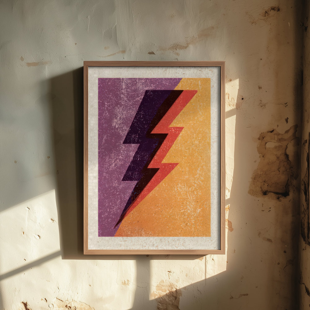 Lightning Bolt Art Print - Purple and Orange Thunderbolt Poster - Retro Linocut Woodcut V1 3/3