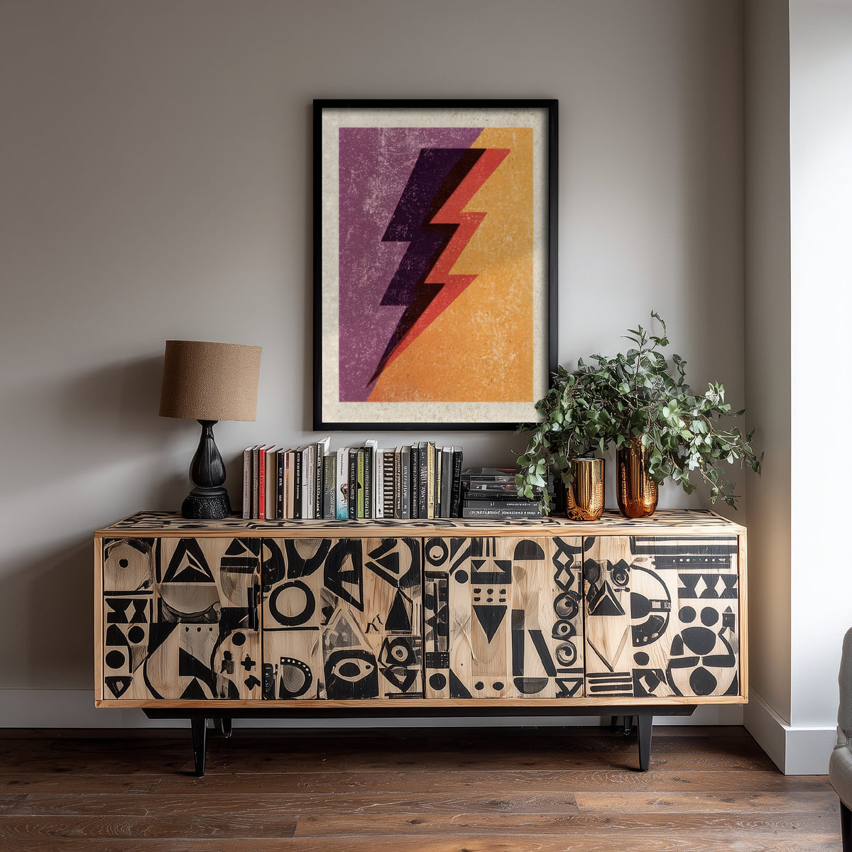 Lightning Bolt Art Print - Purple and Orange Thunderbolt Poster - Retro Linocut Woodcut V1 3/3