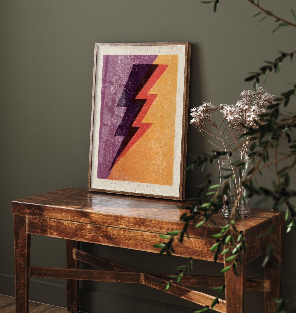 Lightning Bolt Art Print - Purple and Orange Thunderbolt Poster - Retro Linocut Woodcut V1 3/3