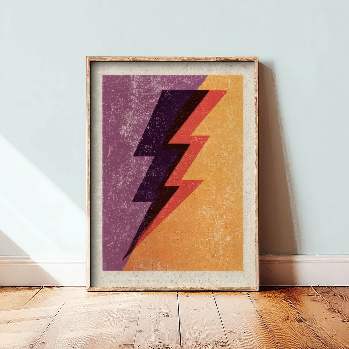 Lightning Bolt Art Print - Purple and Orange Thunderbolt Poster - Retro Linocut Woodcut V1 3/3