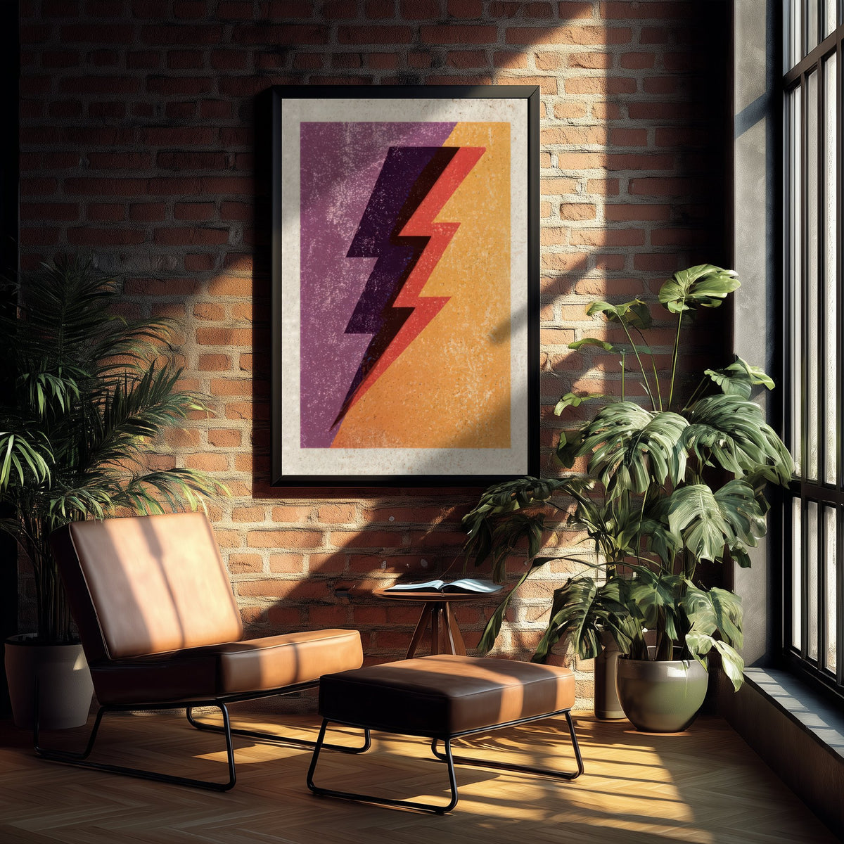 Lightning Bolt Art Print - Purple and Orange Thunderbolt Poster - Retro Linocut Woodcut V1 3/3
