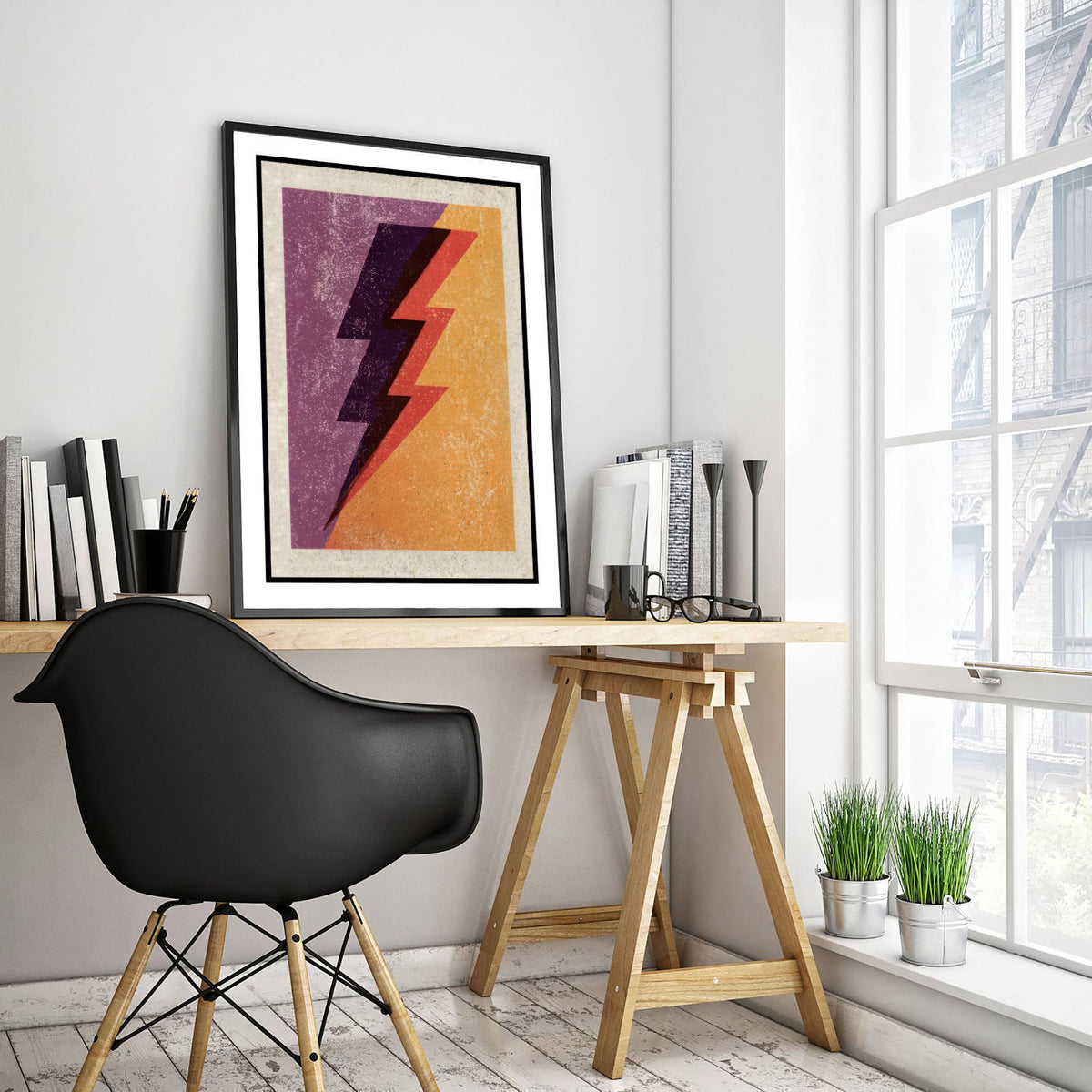 Lightning Bolt Art Print - Purple and Orange Thunderbolt Poster - Retro Linocut Woodcut V1 3/3