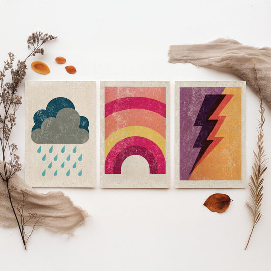 Retro Weather Set of Three Art Prints - Rain Cloud, Rainbow, Lightning Bolt - Minimalist Linocut Poster Illustration V1