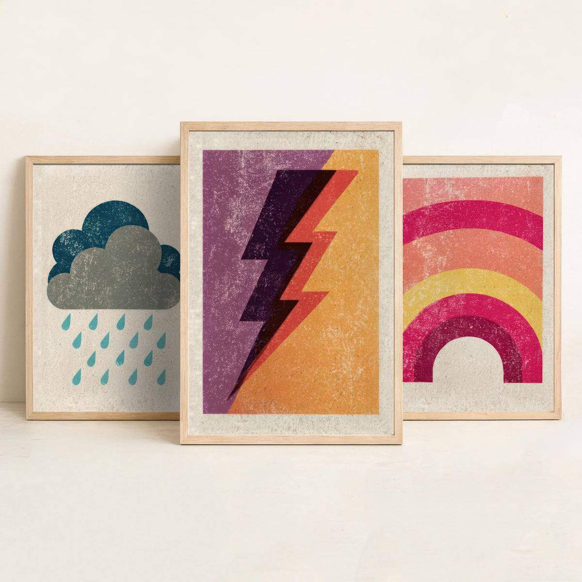 Retro Weather Set of Three Art Prints - Rain Cloud, Rainbow, Lightning Bolt - Minimalist Linocut Poster Illustration V1