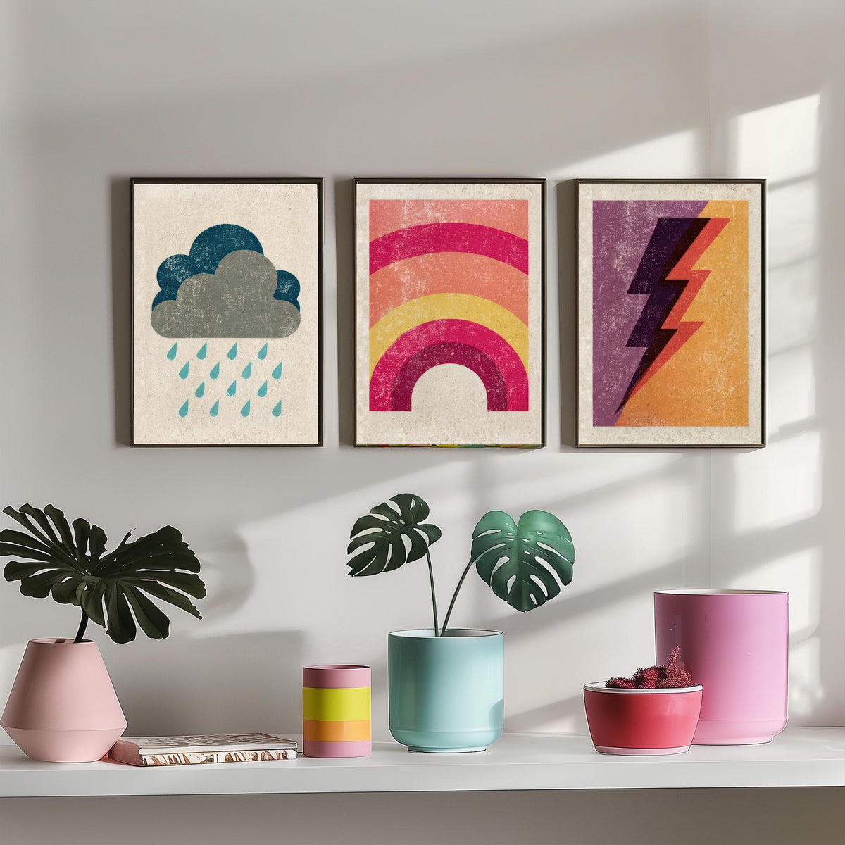 Retro Weather Set of Three Art Prints - Rain Cloud, Rainbow, Lightning Bolt - Minimalist Linocut Poster Illustration V1