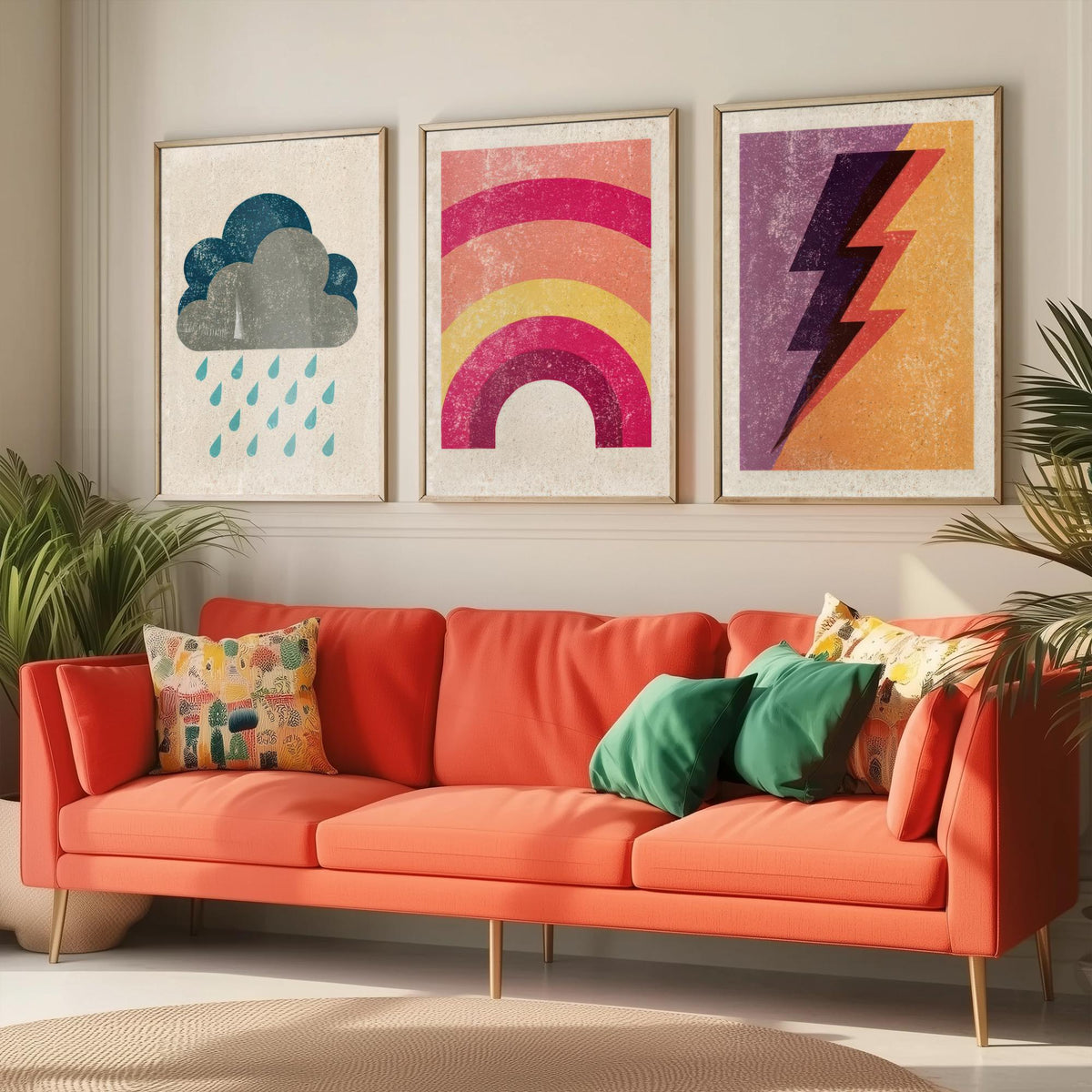 Retro Weather Set of Three Art Prints - Rain Cloud, Rainbow, Lightning Bolt - Minimalist Linocut Poster Illustration V1