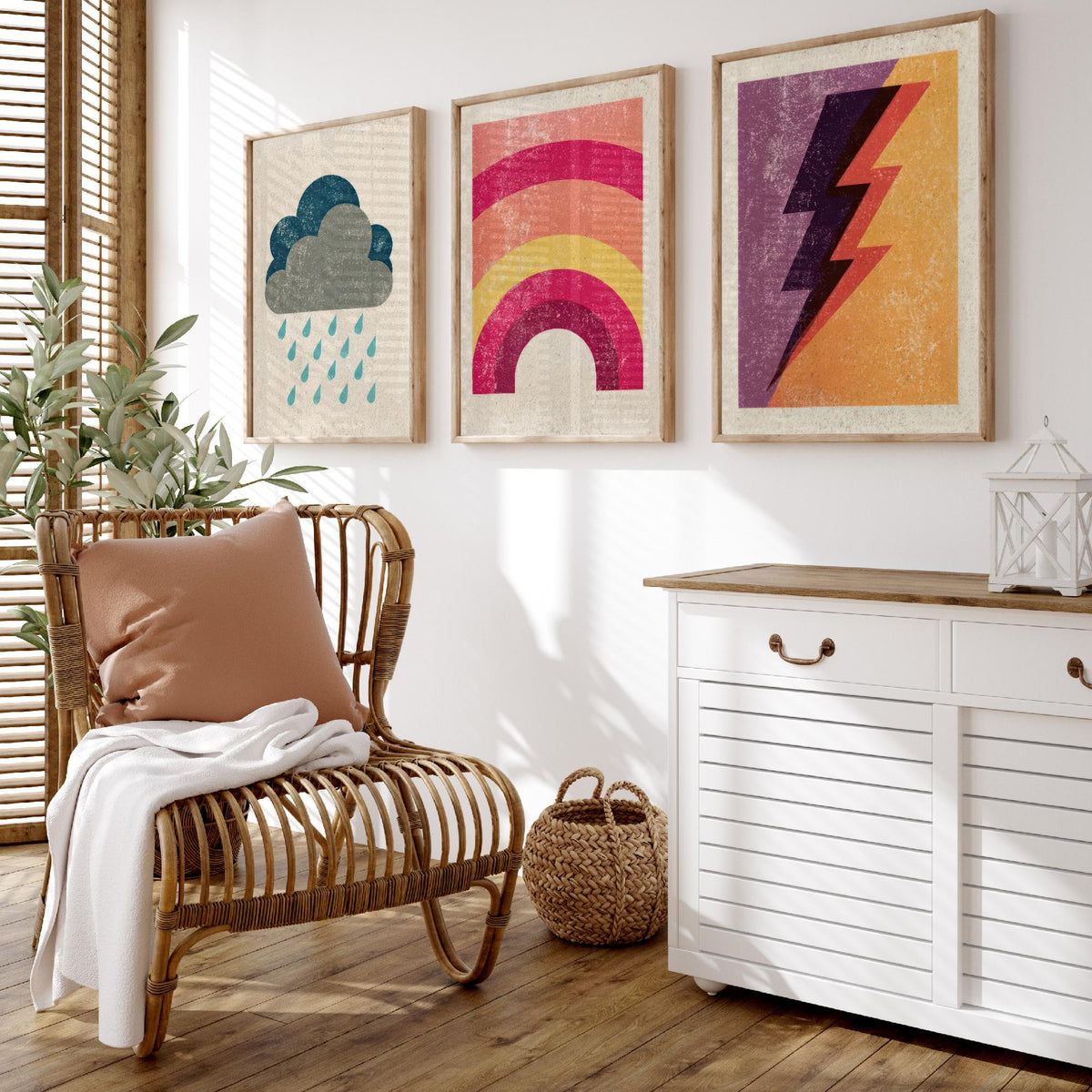 Retro Weather Set of Three Art Prints - Rain Cloud, Rainbow, Lightning Bolt - Minimalist Linocut Poster Illustration V1