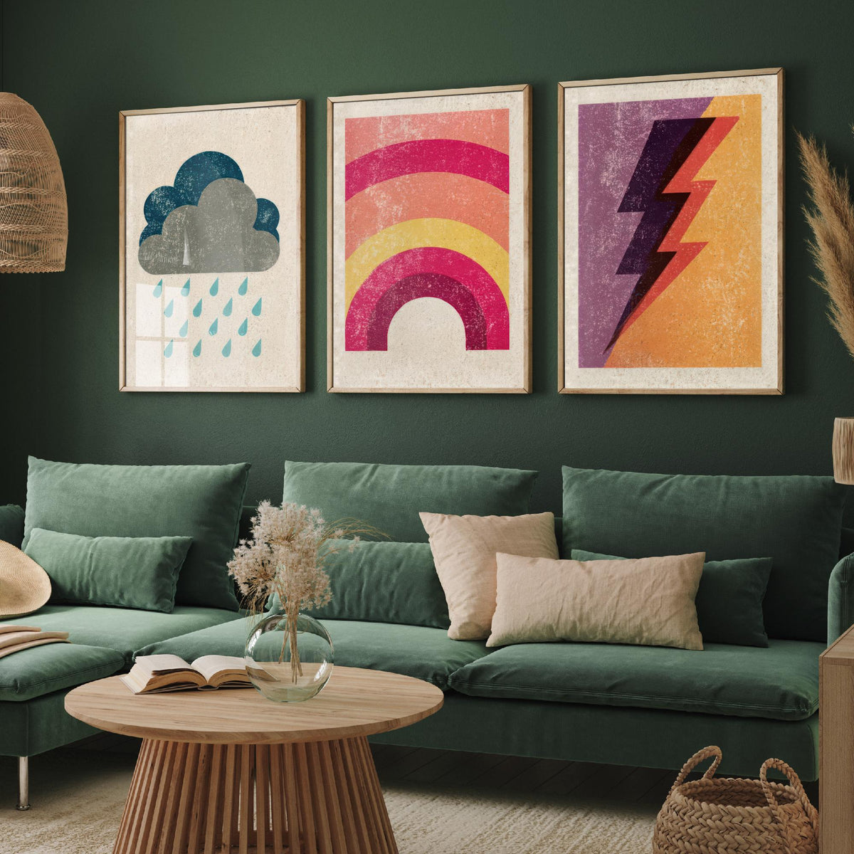Retro Weather Set of Three Art Prints - Rain Cloud, Rainbow, Lightning Bolt - Minimalist Linocut Poster Illustration V1