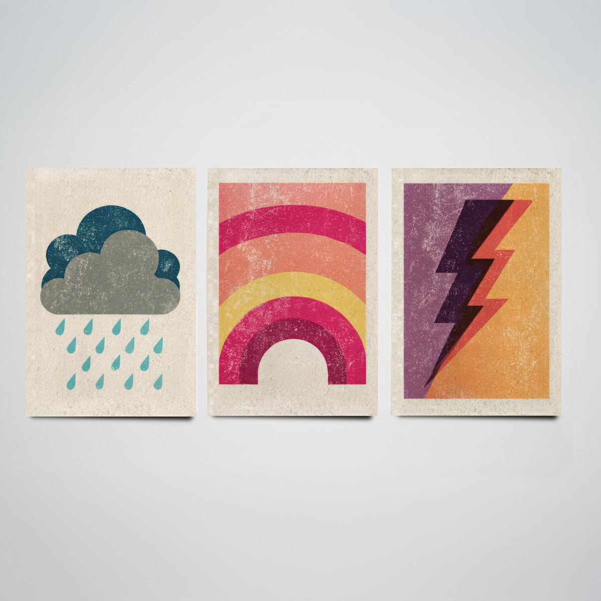 Retro Weather Set of Three Art Prints - Rain Cloud, Rainbow, Lightning Bolt - Minimalist Linocut Poster Illustration V1