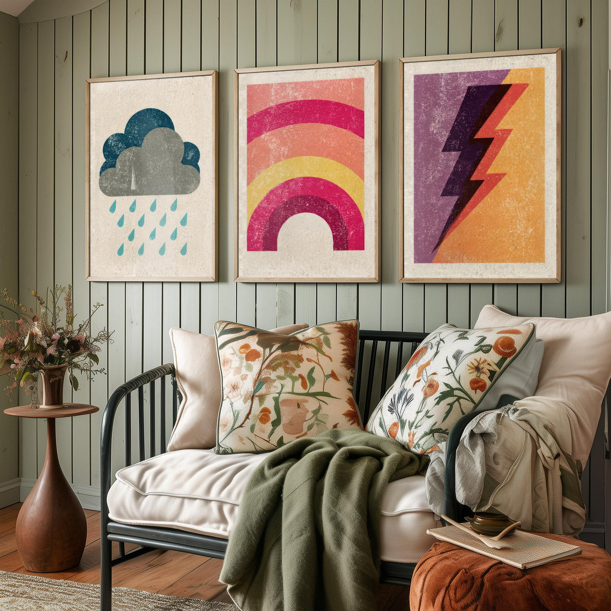 Retro Weather Set of Three Art Prints - Rain Cloud, Rainbow, Lightning Bolt - Minimalist Linocut Poster Illustration V1